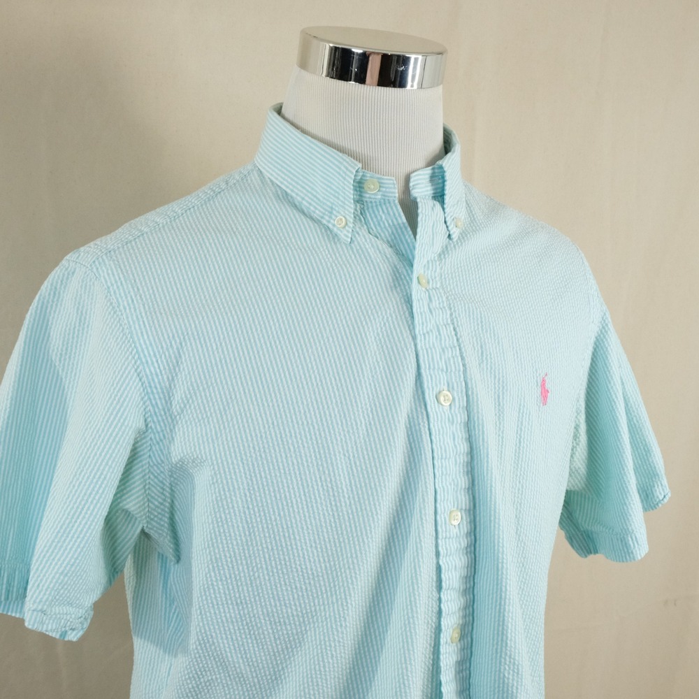Polo Ralph Lauren Large Seersucker Button Down Shirt Blue Striped Cotton Mens